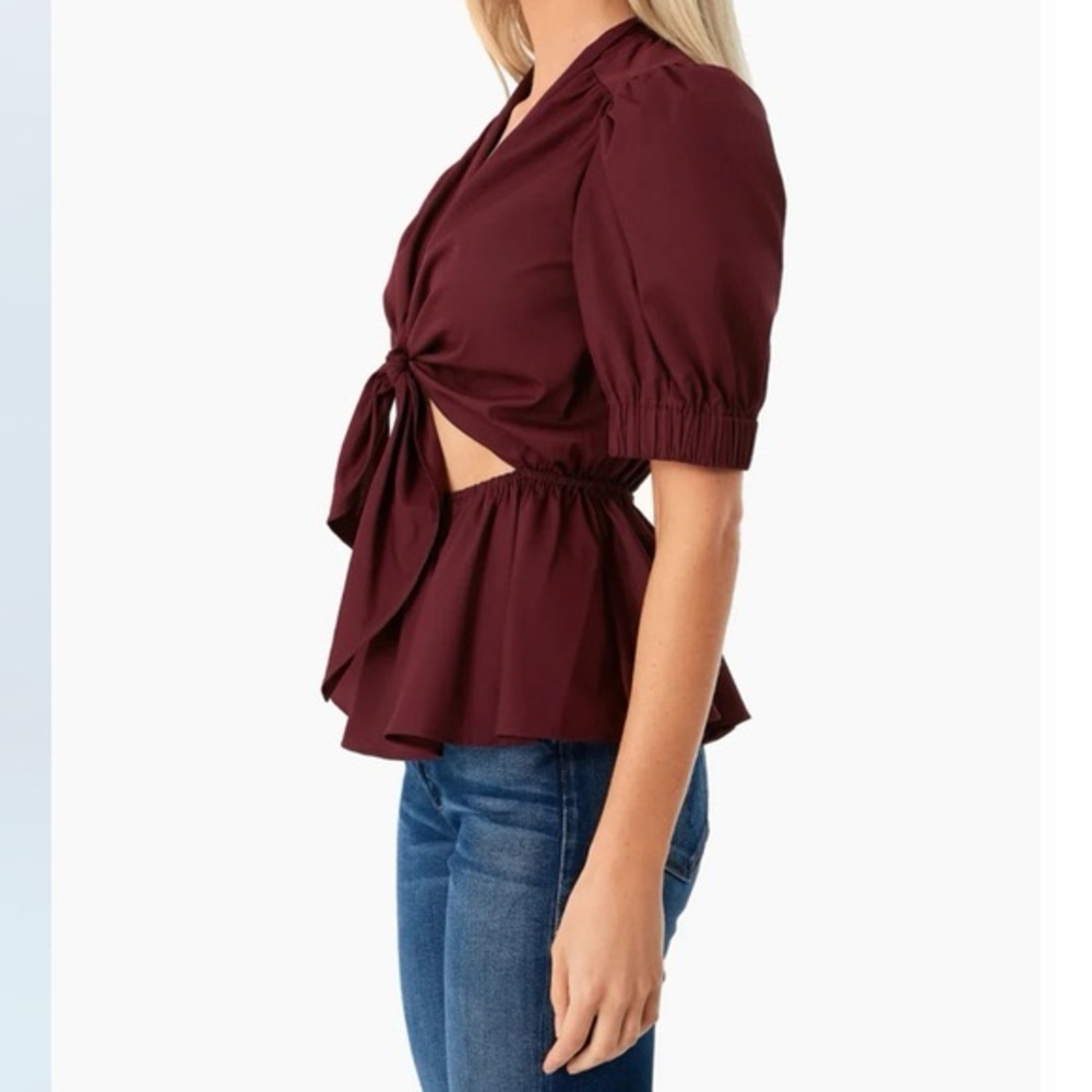 Hyacinth House Tuckernuck Piper Tie Front Peplum Top Burgundy Medium - Picture 7 of 13